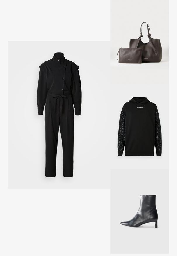 Musta jumpsuit jämäkästä kankaasta, jossa korkea kaulus, napitettu etuosa ja solmittava vyötärö, kapenevat lahkeet ja pitkät hihat.; Musta huppari, jossa on kuvioidut mustavalkoiset ruudulliset hihat ja keskitetty "KARL LAGERFELD" -logo rinnassa, resorit helmassa ja hihoissa.; Musta nahkainen nilkkabotti, jossa on teräväkärkinen muotoilu ja tyylikäs design. Varusteena matala korko ja takana vetoketjukiinnitys. Sileä pinta.; Tummanruskea, teksturoitu nahkainen olkalaukku kaksoiskahvoilla ja sen vieressä vastaavanlainen vetoketjullinen pussukka vaalealla, yksivärisellä taustalla.