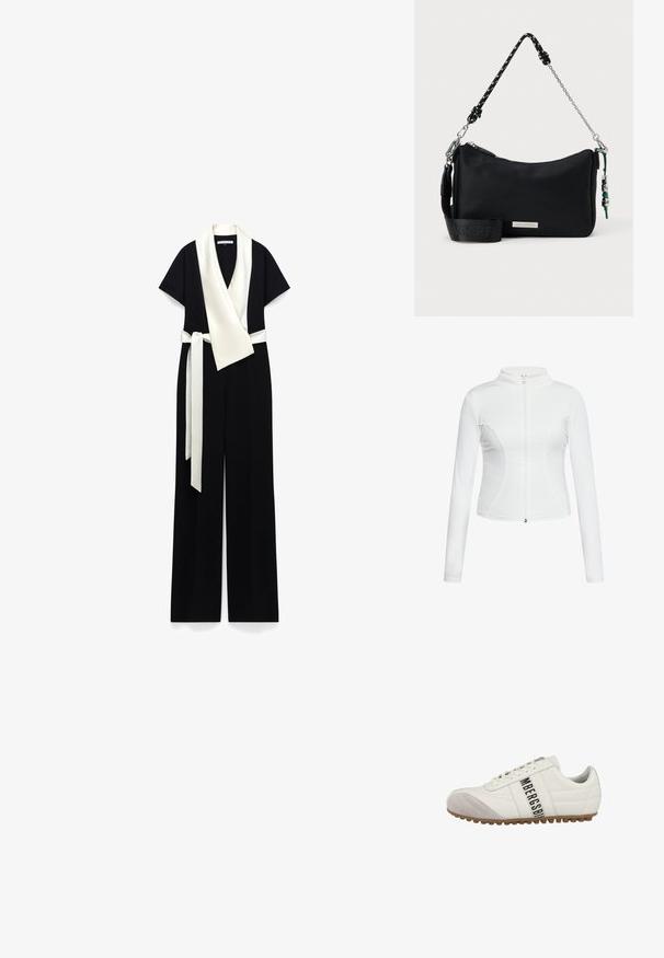 Schwarzer Jumpsuit mit weitem Bein, kurzen Ärmeln, weißem Schalkragen und passendem weißen Bindegürtel an der Taille.; Weißer Reißverschlussjacke mit langen Ärmeln, glatter Textur, taillierter Passform und geschwungenen Nahtdetails an den Seiten.; Weißer Schnürsneaker mit perforierten Seiten und Wildleder-Zehenkappe, mit schwarzem Teiltext an der Seite und brauner Gummisohle.; Schwarze Nylon-Crossbody-Tasche mit Reißverschluss, silberner Kettenhandhabung und verstellbarem Stoffgurt. Besitzt eine dekorative Quaste und ein Logo-Detail.
