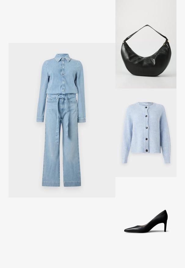 Lichtblauwe denim jumpsuit met lange mouwen, knoopsluiting aan de voorkant, spitse kraag, wijde pijpen en een bijpassende stoffen riem gestrikt in de taille.; Lichtblauwe cardigan van zacht, ribbelachtig materiaal, met een ronde halslijn, lange mouwen en zes zwarte knopen aan de voorkant.; Zwarte leren vrouwenschoen met puntige neus en hak van gemiddelde hoogte, zijaanzicht op een witte achtergrond.; Zwarte leren schoudertas met een gebogen vorm, zachte textuur en een enkele schouderband; beschikt over een gouden rits en subtiele branding.