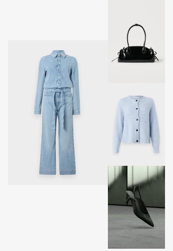 Hellblauer Denim-Overall mit langen Ärmeln, Knopfleiste vorne, spitzem Kragen, weitem Bein und einem passenden Stoffgürtel, der in der Taille gebunden ist.; Hellblauer Cardigan aus weichem, geripptem Material mit Rundhalsausschnitt, langen Ärmeln und sechs schwarzen Knöpfen auf der Vorderseite.; Schwarzer Slingback-Highheel aus Leder mit spitzer Schuhspitze, schwebt über grauem Teppichboden, unscharfer grünlicher Wandhintergrund.; Kleine schwarze glänzende Handtasche mit zwei langen Griffen und seitlichen Kordelzug-Details vor einfachem hellem Hintergrund.