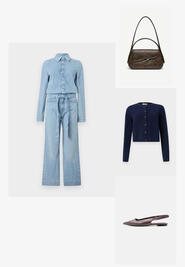Hellblauer Denim-Overall mit langen Ärmeln, Knopfleiste vorne, spitzem Kragen, weitem Bein und einem passenden Stoffgürtel, der in der Taille gebunden ist.; JDY JDYCHLOE LIFE CARDIGAN - Strickjacke - night sky; Bordeauxfarbener Slingback-Flachschuh mit spitz zulaufender Spitze, niedrigem Absatz und verstellbarem Riemen vor weißem Hintergrund.; Dunkelbraune Handtasche aus strukturiertem Leder mit zwei Tragegurten, abgerundeter rechteckiger Form und silbernem, rundem Verschluss auf der vorderen Klappe.