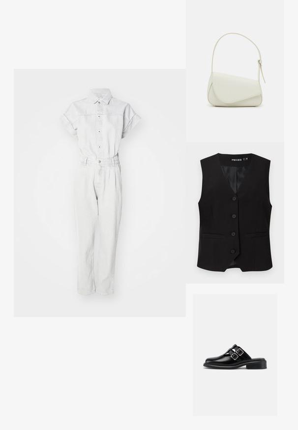 Combinaison en denim gris clair avec un col, des manches courtes, un devant boutonné et des jambes fuselées avec une taille ceinturée.; Veste sans manches noire boutonnée avec col en V, deux poches avant passepoilées, et une doublure intérieure lisse, étiquetée "PIECES".; Chaussure à enfiler en cuir noir avec deux boucles argentées, côtés ouverts, bout rond et talon bas empilé, montrée de profil sur fond blanc.; Sac à main en cuir synthétique blanc avec une forme triangulaire structurée, une bandoulière unique réglable et un rabat à courbes accentuées.