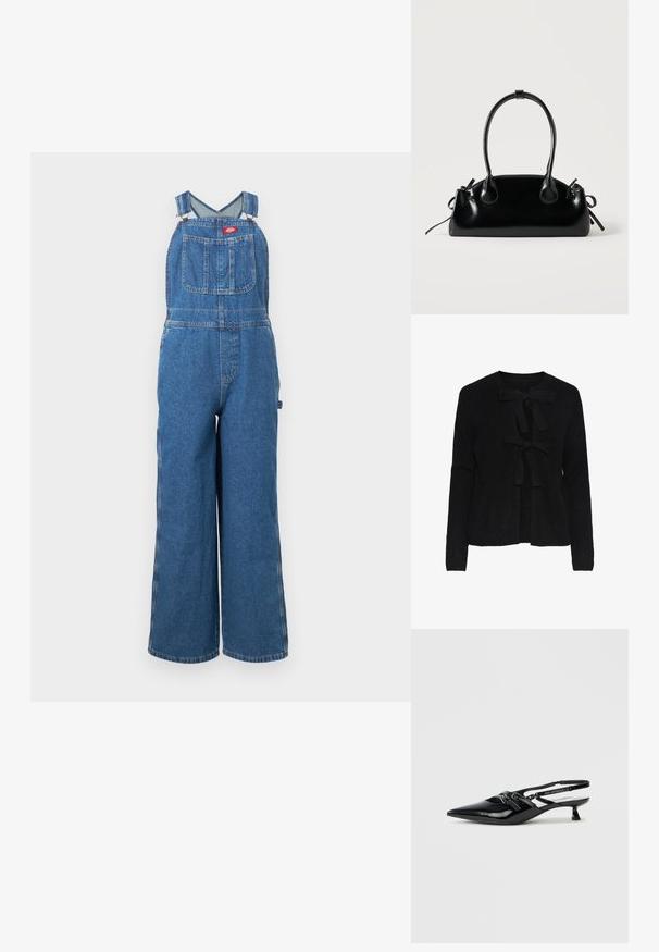 Salopette en jean bleu à jambes larges avec bretelles réglables et une poche poitrine frontale avec une étiquette de marque rouge.; Cardigan noir en tricot avec un col rond, présentant deux liens sur le devant et un motif texturé. Manches longues et longueur cropped.; Chaussure slingback en cuir verni noir avec bout pointu, petit talon carré et bride ajustable ornée de détails découpés et d'accents logo.; Petit sac à main noir brillant avec deux longues anses et des détails à cordon sur les côtés sur un fond clair uni.