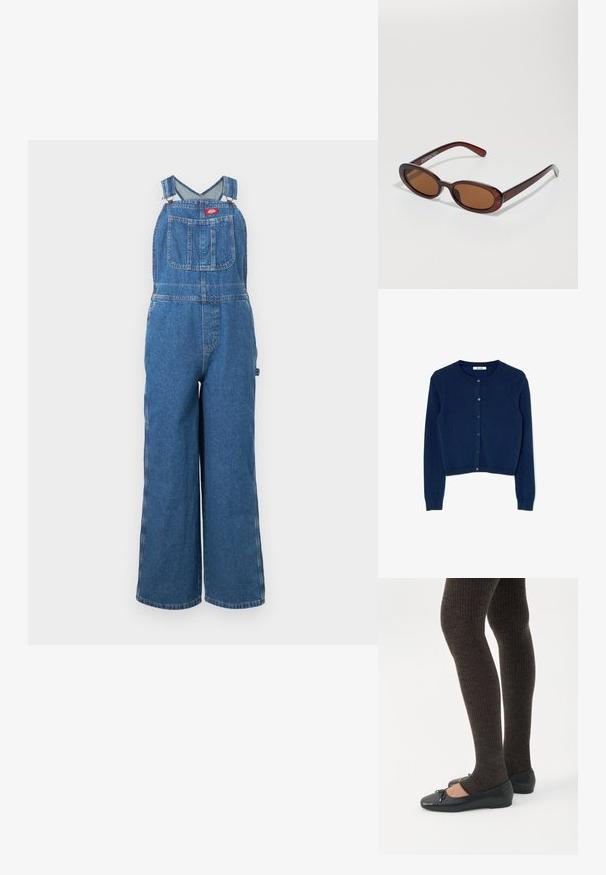 Salopette en jean bleu à jambes larges avec bretelles réglables et une poche poitrine frontale avec une étiquette de marque rouge.; Gilet en tricot bleu marine à manches longues, col rond et fermeture à six boutons à l'avant. Doté de poignets et d'un ourlet côtelés.; Jambes portant des leggings côtelés foncés associés à des ballerines noires avec de petits détails en nœud sur fond blanc.; Lunettes de soleil rondes teinte brun avec une monture bordeaux brillante. Branches fines avec un détail de marque subtil. Design de verres plats.
