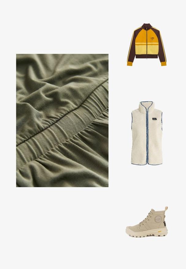 Olivengrønt stof med en blød tekstur, der har samlede elastikker langs sømmen, hvilket skaber en rynket effekt på overfladen.; Protest PRTBODHI - Vest - kitoffwhite; Retro-stil lynlåstrøje i brun, gul og orange med høj krave og S.DRY NYC-logo på brystet.; Beige lærreds højt snørestøvle med gummitåhætte, struktureret overflade, rundt logoemblem og robust hvid sål med Vibram-mærke.