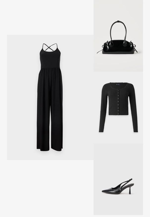 Sort ærmeløs jumpsuit med spaghetti-stropper, der krydser på ryggen, og bukser med vide ben, vist på en enkel baggrund.; Sort langærmet cardigan lavet af ribbet stof med en rund halsudskæring, der har en række metalliske knapper foran og en cropped pasform.; Sort læderslagback højhælet sko med spids tå og slank hæl på en hvid baggrund.; Lille sort blank håndtaske med to lange håndtag og snøre-detaljer i siden på en ensfarvet lys baggrund.