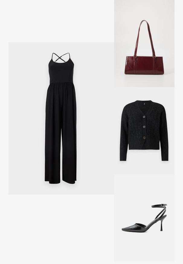 Zwarte mouwloze jumpsuit met spaghetti bandjes die kruisen op de rug en broek met wijde pijpen, getoond op een effen achtergrond.; Zwarte cardigan van gebreid textuurstof, met een V-hals, lange mouwen en vier grote knopen aan de voorkant.; Zwarte pumps met puntige neus, dunne enkelbandjes en een zilveren gesp op een effen lichte achtergrond.; Bourgondische handtas van glanzend materiaal, rechthoekige vorm, met twee schouderbanden en subtiele gebogen accenten aan de voorkant.