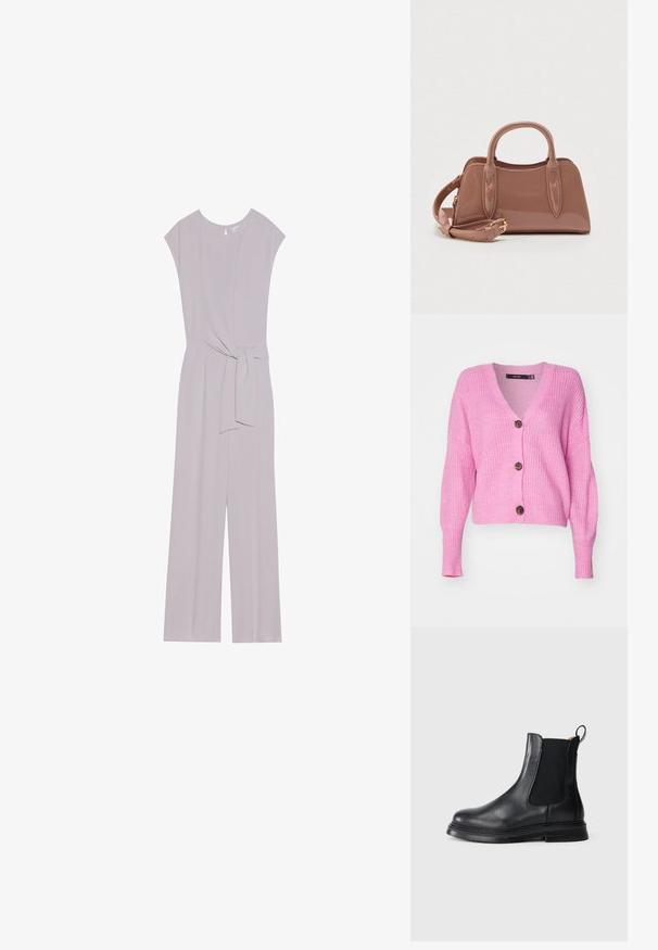 Lys lavendel jumpsuit med en glat, strækbar tekstur, korte ærmer og en indsnævret talje med en bånddetalje. Bredbenet design.; Vero Moda VMLEA V NECK CUFF CARDIGAN - Cardigan - pastel lavender; Sorte læder Chelsea-støvler med elastiske sidepaneler, rund tå og en tekstureret sort gummisål. Har en løftestrop for nem påtagning.; Skinnende lyserød håndtaske med to øverste håndtag, en aftagelig skulderrem og dekorative syningsdetaljer. Kompakt, struktureret form.