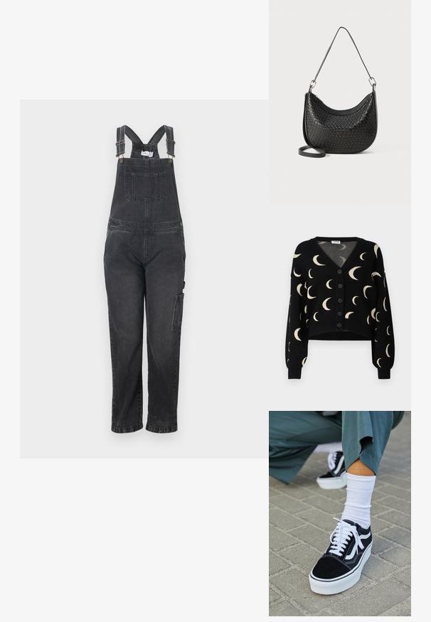 Zwarte denim overalls met verstelbare schouderbanden, voorvak en zijzak met klep. Recht model met een gestructureerde afwerking.; Noisy May NMCHARLOTT V-NECK CARDIGAN - Vest - black; Zwarte suède sneaker met witte accenten en veters, uitgerust met een dikke witte zool en contrasterende stiksels, gecombineerd met een witte sok.; Zwarte gewoven handtas met een gebogen vorm, een ritssluiting en een lange verstelbare schouderband. De gestructureerde afwerking verhoogt de detaillering van het oppervlak.