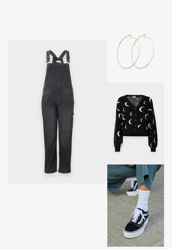 Sorte denim-overalls med justerbare skulderstropper, forlommer og sidelommer med cargo. Lige ben med en tekstureret finish.; Noisy May NMCHARLOTT V-NECK CARDIGAN - Cardigan - black; Sorte ruskinds sneakers med hvide accenter og snørebånd, der har en tyk hvid sål og kontrasterende syninger, parret med en hvid sok.; Pilgrim Øreringe - gold-coloured