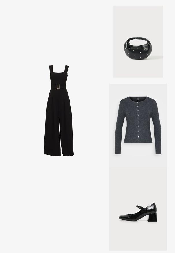 Schwarzer Jumpsuit mit weitem Bein, quadratischem Ausschnitt, verstellbaren Trägern, einem taillierten Gürtel mit rechteckiger Schnalle und plissierten Details vorne.; Dunkelgraue Strickjacke mit rundem Halsausschnitt, langen Ärmeln und einem Frontknopfverschluss. Verfügt über silberne Knöpfe und ein figurbetontes Design.; Schwarzer Mary Jane Schuh aus Lackleder mit abgerundetem Zeh, niedrigem Blockabsatz und verstellbarem Riemen mit Schnalle auf neutralem Hintergrund.; Schwarze Lederhandtasche mit abgerundeter Form, verziert mit silbernen Nietenakzenten und kurzem Griff. Glatte Struktur und Reißverschlussverschluss.