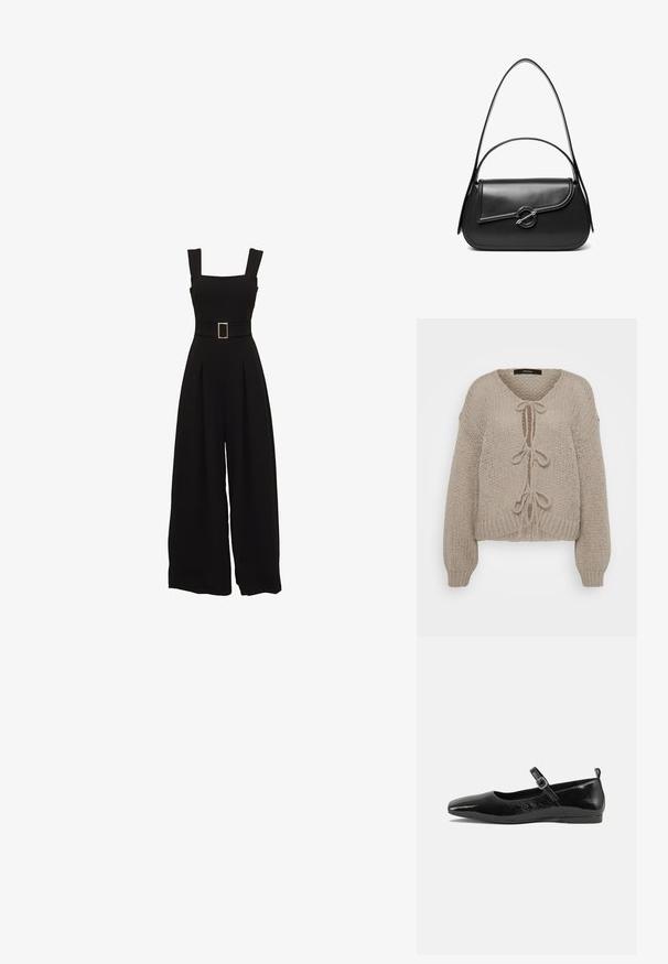 Sort jumpsuit med vide ben, firkantet udskæring, justerbare stropper, talje med bælte og rektangulær spænde samt plisserede detaljer foran.; Beige strikket cardigan med V-udskæring, der har frontbindinger, lange ærmer og ribbede manchetter. Blød tekstur og hyggeligt design.; Sorte patentlæder flade sko med spidse tæer, en ankelrem med spænde og en glat, blank tekstur. Lav hæl for komfort.; Sort skuldertaske i læder med en buet klap, der er fastgjort med en rund metal spænde, og en slank, justerbar rem.