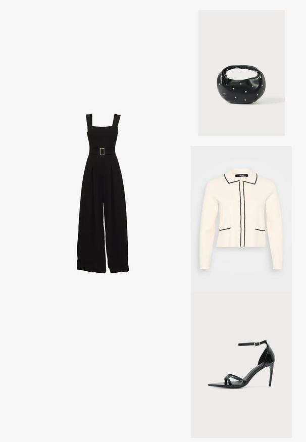 Sort jumpsuit med vide ben, firkantet udskæring, justerbare stropper, talje med bælte og rektangulær spænde samt plisserede detaljer foran.; Cremefarvet cardigan med sort kant, der har krave, frontknapper og to nederste lommer med sort detaljering. Blød strikket tekstur.; Sort laklædersandal med høje hæle, tynd ankelrem, åben tå og minimalistisk design på en ensfarvet lys baggrund.; Sort læderhåndtaske med en rundet form, dekoreret med sølvnitter, og et kort håndtag. Glat tekstur og lynlåslukning.