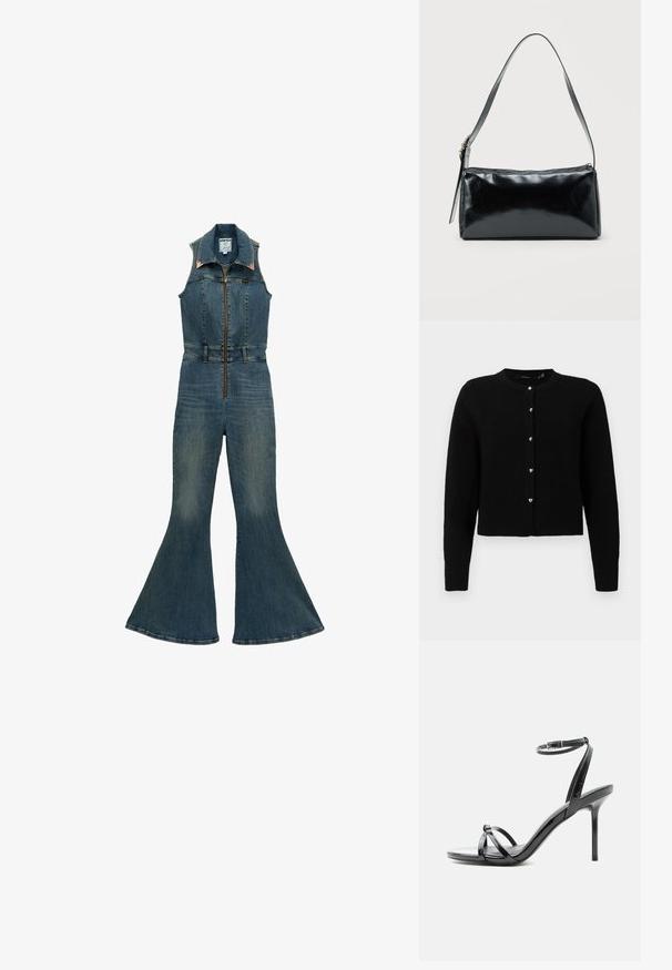 Ärmelloser Denim-Overall mit Frontreißverschluss, spitzem Kragen, tailliertem Schnitt und ausgestellten Beinen in mittlerer Blaunuance.; Schwarze Strickjacke aus weichem Strickstoff, runder Ausschnitt, lange Ärmel, fünf silberne herzförmige Knöpfe entlang der Vorderseite, gerippter Saum und Bündchen.; Schwarze Sandale aus Lackleder mit hohen Absätzen, dünnen Riemen über den Zehen und einem Knöchelriemen mit Schnalle auf weißem Hintergrund.; Schwarze rechteckige Schultertasche mit einem verstellbaren Riemen und einem oberen Reißverschluss vor einfachem Hintergrund.