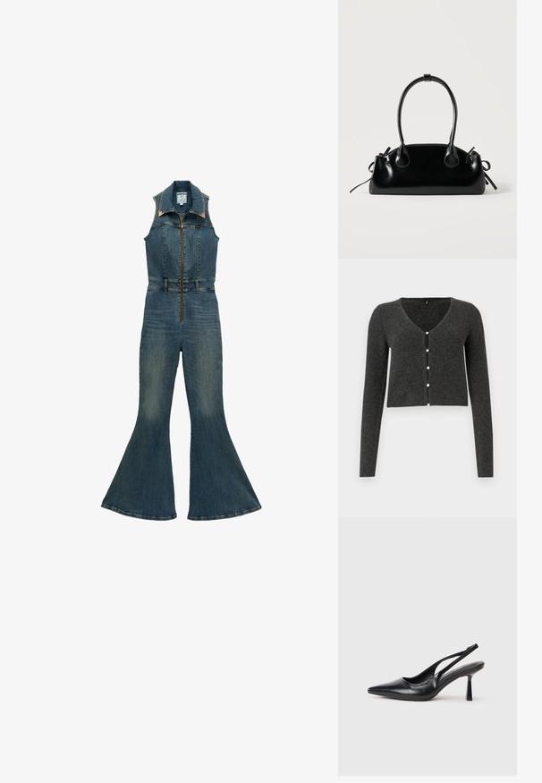Combinaison sans manches en denim avec fermeture éclair à l'avant, col pointu, taille cintrée et jambes évasées, de couleur bleu moyen.; Cardigan côtelé gris foncé à manches longues, décolleté en V et six boutons en perles décoratifs sur le devant. Longueur cropped.; Chaussure à talon haut en cuir noir, à bride arrière, avec un bout pointu et un talon fin sur fond blanc.; Petit sac à main noir brillant avec deux longues anses et des détails à cordon sur les côtés sur un fond clair uni.