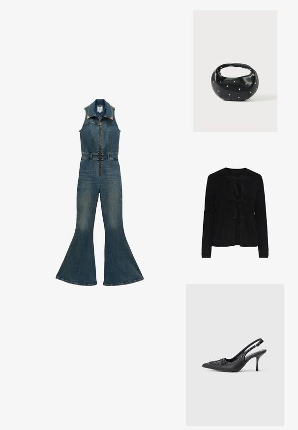 Mono vaquero sin mangas con cremallera frontal, cuello puntiagudo, cintura ceñida y piernas acampanadas en un lavado azul medio.; Cárdigan de punto negro con escote redondo, que cuenta con dos lazos frontales y un patrón texturizado. Mangas largas y longitud recortada.; Sandal de tacón stiletto negro de cuero con punta afilada, correa lateral con hebilla, tachuelas a lo largo del borde y cordones decorativos en la parte delantera.; Bolso de mano de cuero negro con forma redondeada, decorado con detalles de tachuelas plateadas y un asa corta. Textura lisa y cierre con cremallera.