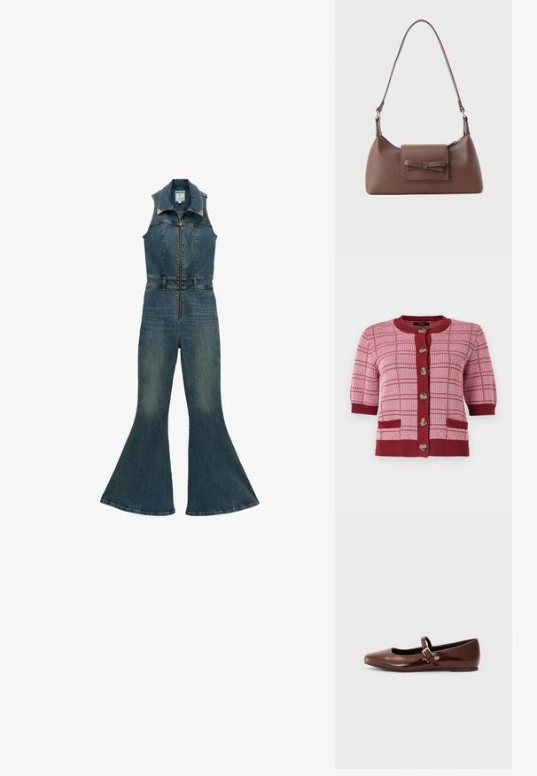 Ärmelloser Denim-Overall mit Frontreißverschluss, spitzem Kragen, tailliertem Schnitt und ausgestellten Beinen in mittlerer Blaunuance.; Rosa und burgunderfarbener Strickcardigan mit kurzen Ärmeln, großen Knöpfen entlang der Vorderseite, karierter Musterung und zwei vorderen Taschen.; Braune Lackleder-Ballerinas mit quadratischer Zehenform und Riemen mit einer kleinen goldenen Schnalle. Glatte Textur, niedriger Absatz und minimalistisches Design.; Braune Leder-Umhängetasche mit einer vorderen Klappentasche, die ein gestepptes Schleifendetail und einen verstellbaren Riemen aufweist.