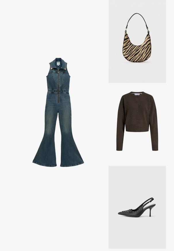 Mouwloze denim jumpsuit met ritssluiting aan de voorkant, puntige kraag, getailleerde taille en uitlopende pijpen in een middeldonkere blauwe wassing.; Donkerbruine gebreide cardigan met knopen, lange mouwen, geribbelde manchetten en zoom, en een ronde halslijn.; Zwarte leren slingback stiletto met spitse neus, zijgesp met gesp, studs langs de rand en decoratieve veters aan de voorkant.; Beige en zwart zebra print schoudertas met een gebogen bodem en enkele zwarte handgreep, gefotografeerd tegen een eenvoudige witte achtergrond.