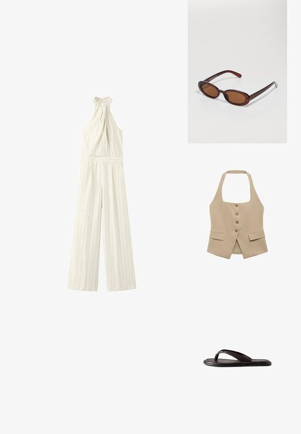 Mono sin mangas de color crema con sutiles rayas verticales, cuello alto fruncido y pantalones de pierna ancha.; Chaleco beige de cuello halter con forma ajustada, cierre de cinco botones y dos bolsillos frontales. Fabricado en una tela suave con un acabado limpio.; Chancla de dedo de cuero negro con suela acolchada y tiras anchas, mostrada de perfil sobre fondo blanco.; Gafas de sol redondas con tinte marrón y un marco burdeos brillante. Patillas delgadas con un sutil detalle de marca. Diseño de lentes planos.