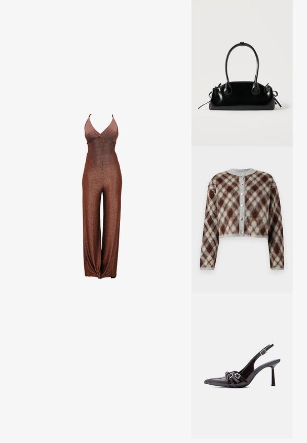Bronzefarbener Glitzeroverall mit tiefem V-Ausschnitt, dünnen Trägern und weitem Bein. Glatte Textur mit tailliertem Oberteil und elastischem Bund.; Kurzes Cardigan in einem braun-grauen-beigen Rautenmuster. Mit einem Rundhalsausschnitt und fünf silberfarbenen Knöpfen auf der Vorderseite.; Schwarzer Slingback-Hochschuh aus Lackleder mit spitzer Zehenpartie und drei dekorativen Schnallenriemen oben.; Kleine schwarze glänzende Handtasche mit zwei langen Griffen und seitlichen Kordelzug-Details vor einfachem hellem Hintergrund.