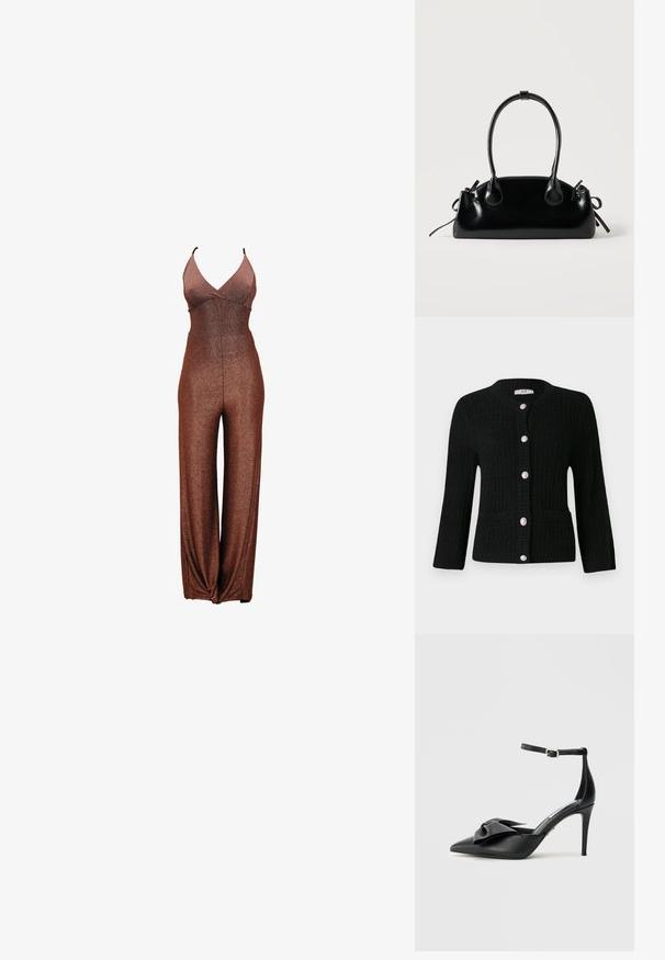 Bronzefarbener Glitzeroverall mit tiefem V-Ausschnitt, dünnen Trägern und weitem Bein. Glatte Textur mit tailliertem Oberteil und elastischem Bund.; JDY JDYJANNE O NECK CARDIGAN - Strickjacke - black; Schwarzer High-Heel-Schuh mit spitzer Zehenpartie, Satinschleifenakzent und verstellbarem Knöchelriemen mit silberner Beschlägen. Glatte Lederstruktur.; Kleine schwarze glänzende Handtasche mit zwei langen Griffen und seitlichen Kordelzug-Details vor einfachem hellem Hintergrund.
