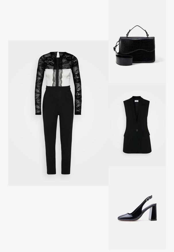 Cuerpo de encaje negro de manga larga combinado con una sección blanca, que presenta un panel de encaje vertical. Pantalones negros ajustados con una textura suave.; Chaleco negro sin mangas con un diseño ajustado, que presenta un cierre de un solo botón, solapas estructuradas y bolsillos laterales.; Zapato slingback de charol negro con puntera redondeada, correa ajustable con hebilla y tacón grueso de bloque sobre fondo blanco.; Bolso cruzado de imitación cuero negro con un patrón de cocodrilo texturizado, un asa superior y una correa ajustable. Característica: cierre de solapa curvada.