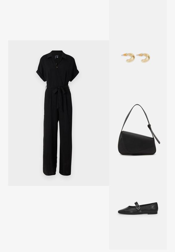 Combinaison noire avec des manches courtes roulées, un col, un design croisé, une ceinture à nouer et une silhouette à jambes larges. Fabriquée en un tissu léger et lisse.; Chaussure plate en cuir noir avec un bout arrondi, une seule sangle réglable à boucle et une texture lisse et brillante. Design minimaliste avec un petit talon.; Sac à main en cuir noir de forme triangulaire, avec un rabat incliné et une poignée supérieure arrondie. Il présente une texture lisse et des détails de design minimalistes.; Boucles d'oreilles en forme de croissant en or avec une finition lisse, présentant des accents orange près du clou et un matériel en argent.