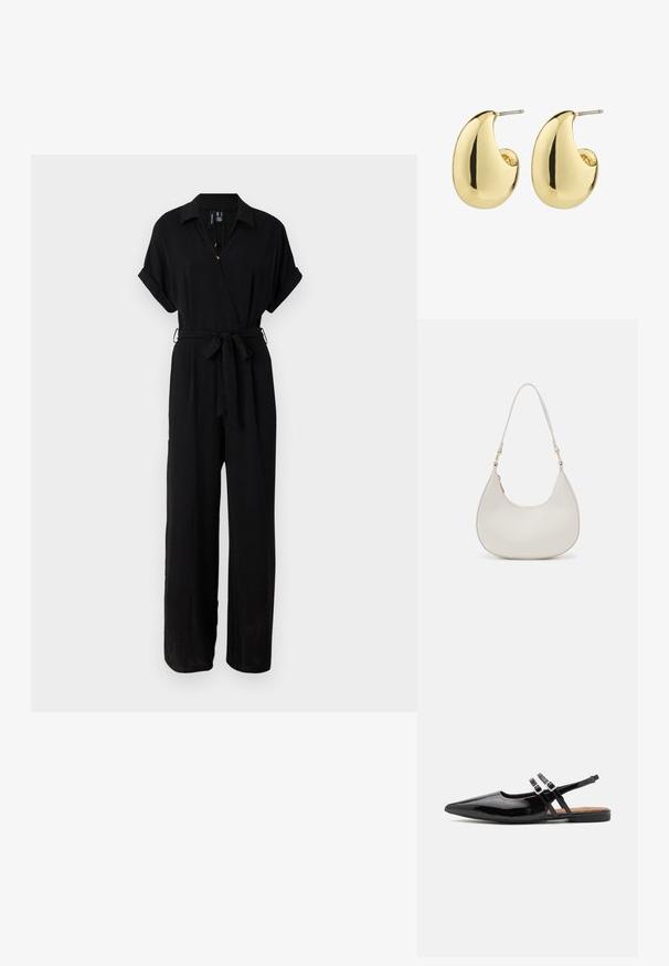 Mustmust suit lühikeste rullitud varrukatega, krae, keeratava disainiga, vööümara ja laia säärega siluetiga. Valmistatud kergest, siledast kangast.; Mustad lakknahast slingback kingad on terava ninaga, kahe rihmaga, millel on klambriga aktsendid, ning lame tald.; Kreemi nahast õlavarre kott, millel on poolkuu kuju, peen rihm ja diskreetne õmblusdetail. Minimalistlik disain kuldse tooni metallosadega.; Kuldsetes toonides käevõruga kõrvarõngad, millel on sile, poleeritud pind ja abstraktne, tilgakujuline kuju. Lihtne metallpostiga kinnitus.