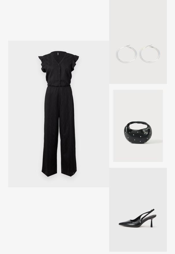 Sort jumpsuit med korte flæseærmer, knaplukning foran, V-udskæring, elastisk talje og bredbenet design med et tekstureret mønster.; Sort læderslagback højhælet sko med spids tå og slank hæl på en hvid baggrund.; Sort læderhåndtaske med en rundet form, dekoreret med sølvnitter, og et kort håndtag. Glat tekstur og lynlåslukning.; Par skinnende sølvøreringe med tynde trådlåse, vist på en lys grå baggrund.