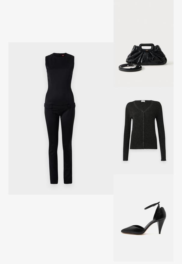 Musta hihaton haalari, jossa on tiukka vartalon muotoilu ja leveä vyötärö, varustettuna räätälöidyillä housuilla ja takasulkijalla. Suora pinta.; CLOSED CARDIGAN - Neuletakki - black; Musta nahkainen kärjellään terävä korkokenkä nilkkaremillä ja kartiokorkokengällä valkoisella taustalla.; Pieni musta nahkainen käsilaukku rypytetyllä tekstuurilla, suorakaiteen muotoinen kahva ja irrotettava ohut olkahihna vieressä.