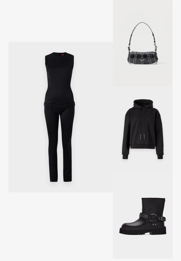 Mustmustülik musta värvi ilma varrukateta, millel on mõjuv rinnaosa ja lai vöökoht, sisaldades kohandatud pükse ja seljatauk. Sile tekstuur.; Mustmust pikkade varrukatega must crop-hoodie, mis on valmistatud pehmest kangast. Sellel on soonikkoes äärised allservas ja varrukatel, ning reguleeritav kapuuts.; Mustad nahast poolpikk saabas keskmise sääre kõrguseni, paksu soonilise tallaga, küljes dekoratiivne rihm, millel on hõbedased metallist silmused ja pannal.; Mustast lakknahast õlakott, millel on hõbedased naelad vertikaalsetes ridades ja väike hõbedane linnuembleem esiküljel keskel.