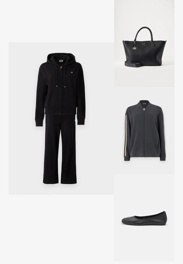 Čierna mikina na zips s kapucňou a zaviazaním, s širokými nohavicami, obsahujúca malé zlaté logo na hrudi a boku.; Tmavosivá mikina na zips s vysokým golierom, zdobená bielymi bočnými pruhmi a rebrovanými manžetami. Vyrobená z mäkkej látky bez viditeľných vzorov.; Čierne kožené baleríny s okrúhlou špičkou, hladkým povrchom, minimálnym prešívaním a flexibilným dizajnom podrážky.; Čierna kožená kabelka Armani Exchange s dvoma úchytmi, strieborným príveskom A|X a odopínateľným ramenným popruhom na svetlom jednofarebnom pozadí.