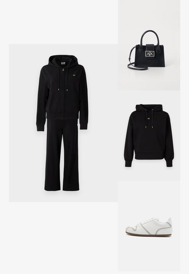 Sudadera negra con cremallera y cordones, acompañada de pantalones anchos a juego, que presentan pequeños detalles de logo dorado en el pecho y la cadera.; Sudadera negra con capucha hecha de tela suave. Presenta un diseño recortado, puños elásticos y cordones con acentos dorados que llevan un logo.; Zapatilla blanca con acentos de ante; cuenta con una punta redondeada, suela plana y seis ojales. Diseño limpio con un sutil detalle de costura.; Bolso de mano de cuero negro con un diseño estructurado, asas superiores y una correa de hombro desmontable. Presenta una placa de logo en tono plata y una textura suave.