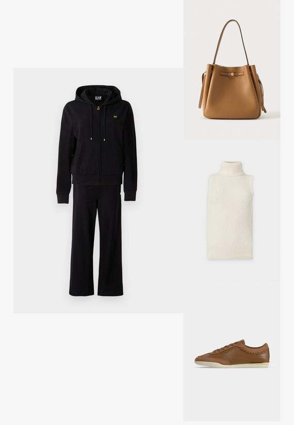 Sort zip-up hoodie med snore og matchende bredbenede bukser, med små guldlogo-detaljer på brystet og hoften.; Ærmeløs cremefarvet strikket højhalset sweater med ribstrikket tekstur og kant på ens hvid baggrund.; Brun læder lavt sneaker med snørebånd foran, gyldigt "Michael Kors"-logo, hvid sål og flettet detalje nær kraven.; Brun læder-totepose med en enkelt skulderrem, afrundet bund og en lille dekorativ knap på den forreste rem.