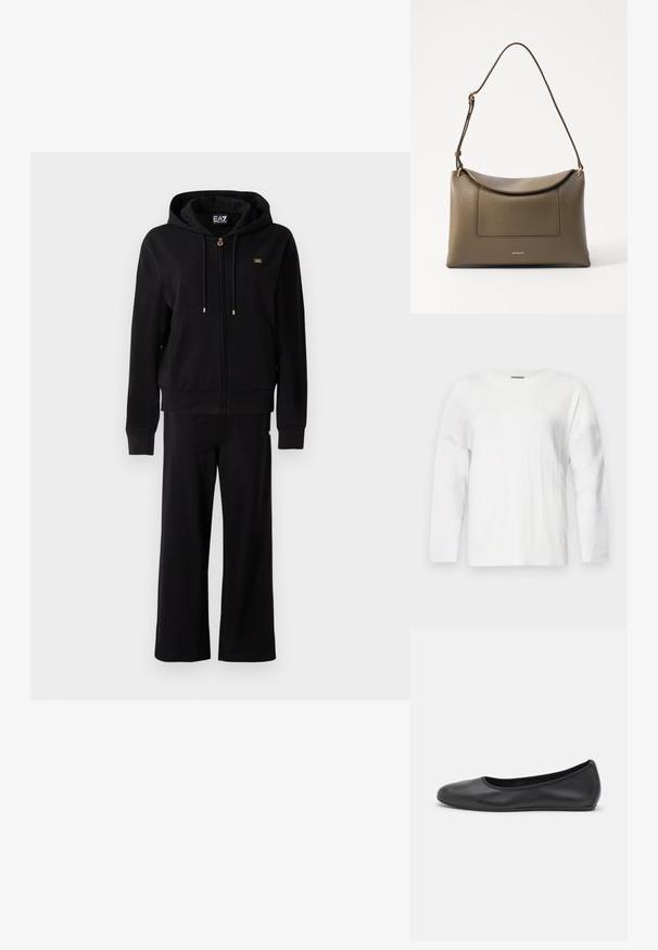Sort zip-up hoodie med snore og matchende bredbenede bukser, med små guldlogo-detaljer på brystet og hoften.; Hvid strikket sweater med rund halsudskæring, lange ærmer og ribbede detaljer. Har et subtilt tekstureret mønster over stoffet.; Sort læderballetsko med rund tå, glat tekstur, minimal syning og et fleksibelt såldesign.; Olivengrønt læderhåndtaske med en tekstureret overflade, en klaplukning og en justerbar rem. Har en forlommelomme og hardware i guldtoner.