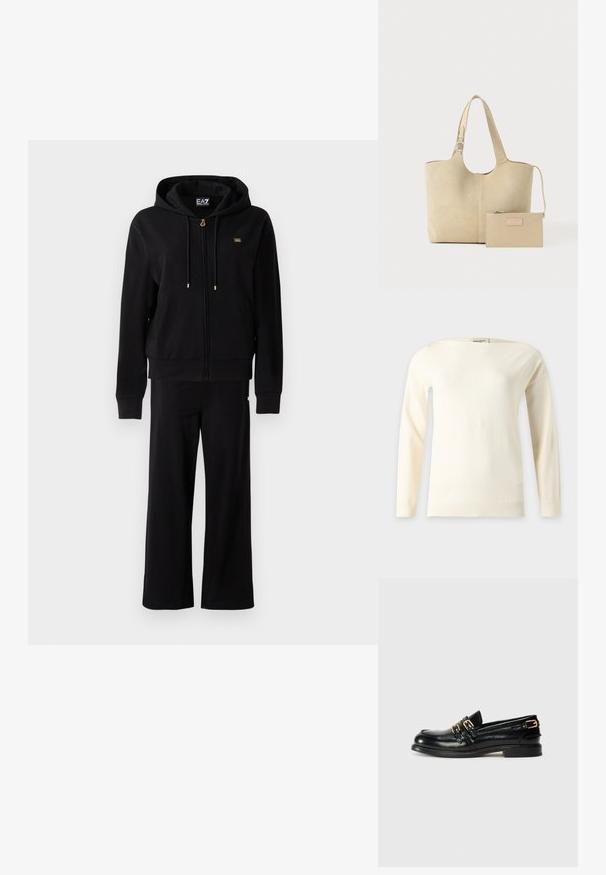 Sort zip-up hoodie med snore og matchende bredbenede bukser, med små guldlogo-detaljer på brystet og hoften.; Langærmet, off-white striktrøje med bådhals og ribstrikkede kanter, vist på en ensfarvet lys baggrund.; Sorte læder loafers med en blank finish, der har to guldspænder og en lav hæl. Glat tekstur med rund tådesign.; Beige ruskinds-tote-taske med enkelt skulderrem og tilhørende beige læderpung med lynlås og logoemblem på ensfarvet baggrund.