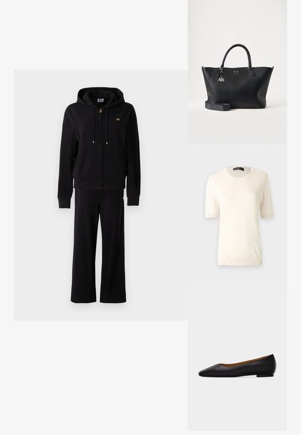 Schwarze Zip-Hoodie mit Kordeln und passenden weiten Hosen, die kleine goldene Logodetails auf der Brust und Hüfte aufweisen.; Kurzärmeliges, cremefarbenes Strickoberteil mit Rundhalsausschnitt, gerippten Bündchen und Saum, vor einem einfarbigen grauen Hintergrund präsentiert.; Schwarzer flacher Schuh aus Leder mit spitz zulaufender Vorderkappe, niedrigem Absatz und glatter Oberfläche, von der Seite vor einem hellgrauen Hintergrund dargestellt.; Schwarze Lederhandtasche von Armani Exchange mit zwei Henkeln, silbernem A|X-Anhänger und abnehmbarem Schulterriemen vor einfarbig hellem Hintergrund.