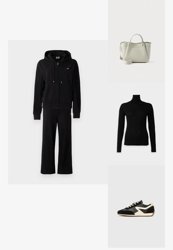 Schwarze Zip-Hoodie mit Kordeln und passenden weiten Hosen, die kleine goldene Logodetails auf der Brust und Hüfte aufweisen.; Schwarzer, gerippter Langarm-Rollkragenpullover mit figurbetonter Silhouette auf schlichtem weißem Hintergrund.; Schwarze und cremefarbene Sportschuhe mit einem Obermaterial aus Wildleder und Leder, Schnürverschluss und Gummisohle. Das Design umfasst kontrastierende Seitenakzente.; Kleine hellgraue Tasche mit zwei Griffen und abnehmbarem breitem Schultergurt, versehen mit einem dezenten Markenlogo auf der Vorderseite.