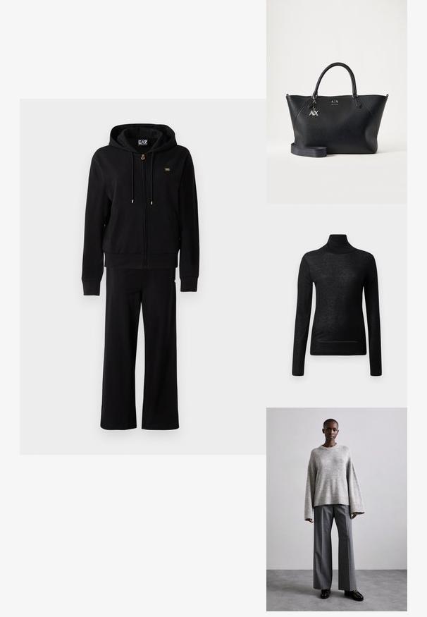 Sort zip-up hoodie med snore og matchende bredbenede bukser, med små guldlogo-detaljer på brystet og hoften.; Sort langærmet turtle neck top lavet af letvægtsstof, med en tætsiddende design og minimale sømdetaljer, velegnet til lagdeling.; Grå strikket sweater med brede ærmer og ribbet kant, parret med høj-taljede grå bukser med et subtilt ternet mønster og sorte loafers.; Sort læder Armani Exchange håndtaske med to håndtag, sølv A|X vedhæng og aftagelig skulderrem mod en ensfarvet lys baggrund.
