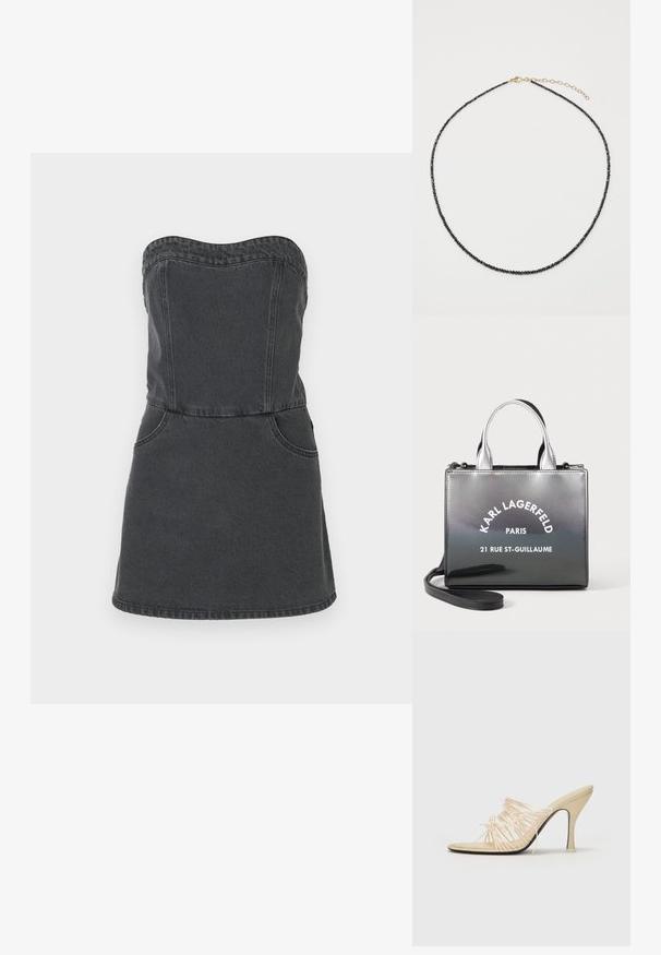 Trägerkleid aus dunkelgrauem Denim, mit einem taillierten Oberteil, zwei Vordertaschen und einem geraden Rocksaum mit sichtbaren Nähdetails.; NEOUS AURIGA - Pantolette hoch - cream; Glänzende schwarze und silberne Karl Lagerfeld Handtasche mit oberen Griffen und abnehmbarem Schulterriemen, gebrandmarkt mit „Paris 21 Rue St-Guillaume“.; Schwarze Perlenkette mit kleinen, facettierten Perlen an einer dünnen Goldkette, mit einem verstellbaren Verschluss für Größenvariationen.