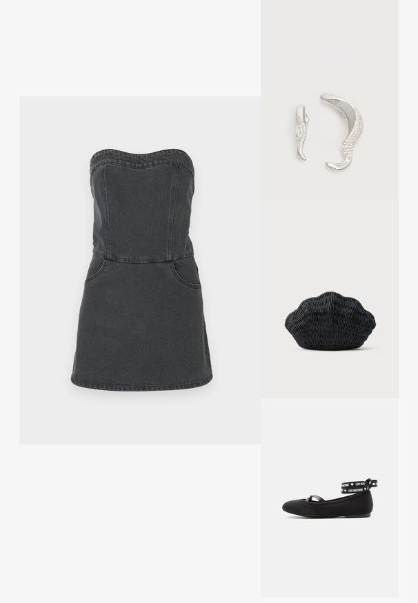 Mouwloze denim jurk in donkergrijs, met een aansluitend bovenlijfje, twee voorzakken en een rechte zoom met zichtbare stikdetails.; Zwarte platte balletschoen met dunne kruisbandjes en enkelbandjes met witte tekst en hartpatronen ""LOVE MOSCHINO"".; Zwarte gevlochten handtas in de vorm van een sint-jakobsschelp met een gebogen bovenkant en een geweven textuur op een effen achtergrond.; Twee gebogen zilveren oorbellen, de één groter dan de ander, beide versierd met kleine fonkelende kristallen langs één rand.