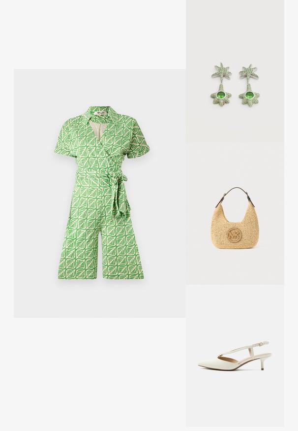 Grønne jumpsuit med et bladmønster, korte ærmer, og et bælte i taljen, lavet af letvægtsstof med en glat tekstur.; Hvid spids tå slingback pumpe med lav stilet hæl og et gyldent dekorativt element på den forreste rem.; Vævet beige håndtaske med rund form, justerbar mørkebrun rem og rundt "MK" logoemblem på forsiden i midten.; Hængende øreringe med stjerneformede grønne detaljer, pyntet med små grønne sten og en central grøn ædelsten, sat i sølvfarvet metal.
