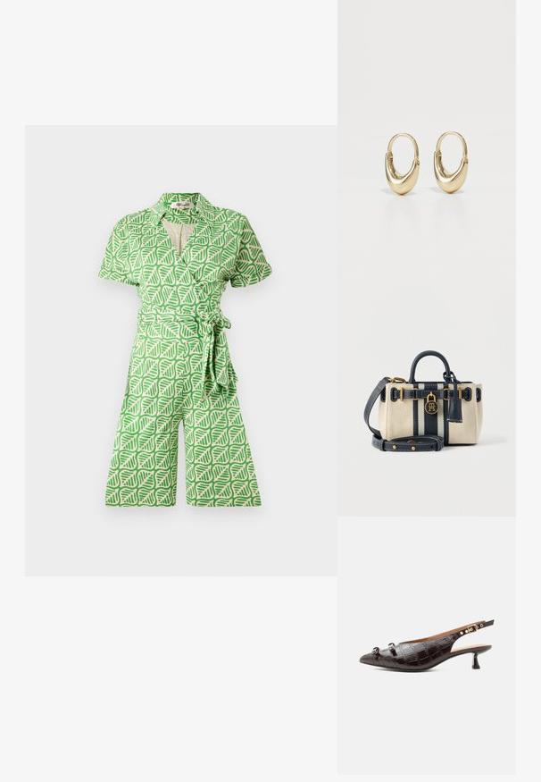 Grønne jumpsuit med et bladmønster, korte ærmer, og et bælte i taljen, lavet af letvægtsstof med en glat tekstur.; Mørkebrun croc-præget slingback-pumpe med spids tå, lav kitten-hæl, to dekorative sløjfer og justerbar rem med gyldent spænde.; Lille beige lærreds-håndtaske med marineblå læderhåndtag, rem, lodrette striber og guldfarvede beslag, inklusive en lås med sammenflettede initialer.; Guldøreringe med en buet, tubular form. Glat, blank overflade med en sømløs hængselåbning. Simpelt og elegant design.