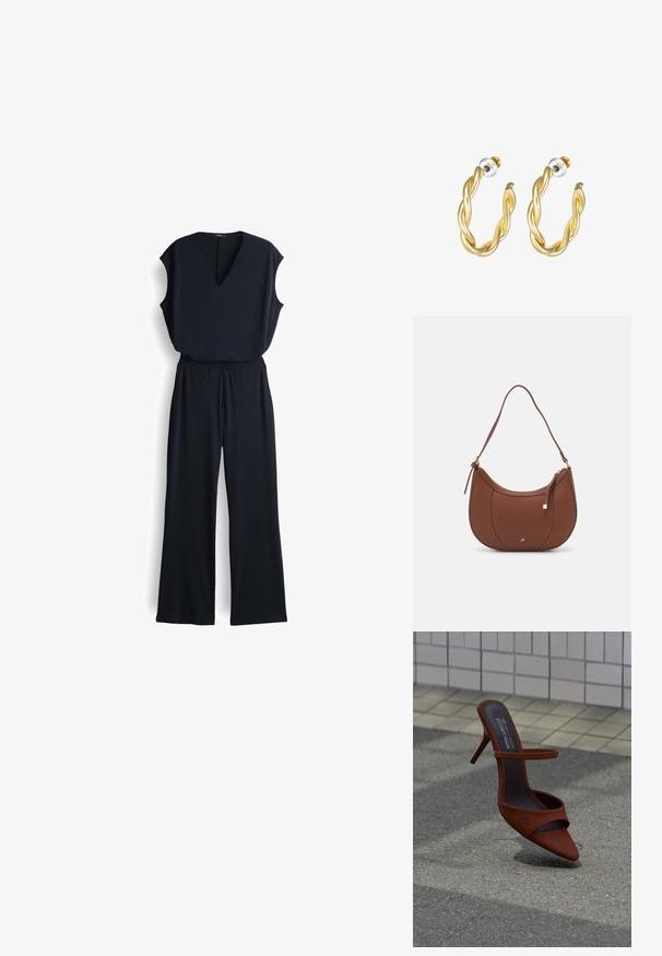 Schwarzer Jumpsuit mit V-Ausschnitt, ärmellosem Design, weit geschnittenen Hosenbeinen und elastischem Bund. Hergestellt aus glattem, leichtem Stoff.; Brauner spitzer High Heel mit zwei Riemen auf einem strukturierten Boden neben einer hellgrauen gefliesten Wand.; Braune Kunstleder-Schultertasche mit geschwungener Form, minimaler Naht und goldfarbener Hardware-Akzent. Verfügt über einen oberen Reißverschluss und einen verstellbaren Trageriemen.; Goldene, gedrehte Creolen mit glatter Oberfläche, ausgestattet mit transparentem Rücken und goldfarbenen Beschlägen.