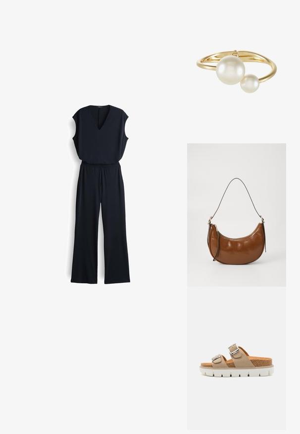 Schwarzer Jumpsuit mit V-Ausschnitt, ärmellosem Design, weit geschnittenen Hosenbeinen und elastischem Bund. Hergestellt aus glattem, leichtem Stoff.; Beige Riemchensandalen mit zwei verstellbaren Riemen, Korkzwischensohle und weißer gummierter Außensohle mit einer strukturierten Musterung.; Braune Schultertasche aus Kunstleder mit geschwungenem Design, Reißverschluss und einem einzigen braunen Tragegurt. Glatte Textur mit glänzendem Finish und minimalem Hardware.; sweet deluxe JANIKA - Armband - gold-coloured