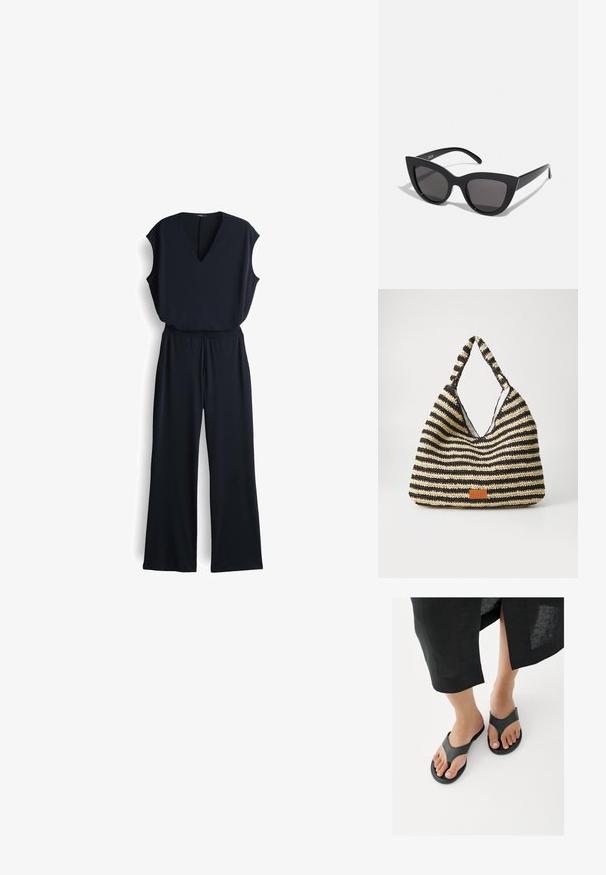 Schwarzer Jumpsuit mit V-Ausschnitt, ärmellosem Design, weit geschnittenen Hosenbeinen und elastischem Bund. Hergestellt aus glattem, leichtem Stoff.; Nahaufnahme von Füßen in schwarzen Lederdornsandalen, darüber der Saum eines schwarzen Rocks sichtbar, über weißen Boden.; Schwarze Cat-Eye-Sonnenbrille mit matter Oberfläche, grauen getönten Gläsern, scharfen Kanten und schlanken Bügeln. Der Markenname ist auf dem inneren Bügel sichtbar.; Gestreifte, gewebte Tasche in Schwarz und Beige mit einem lässigen Design, strukturierten Oberflächen und einem kleinen Lederakzent.