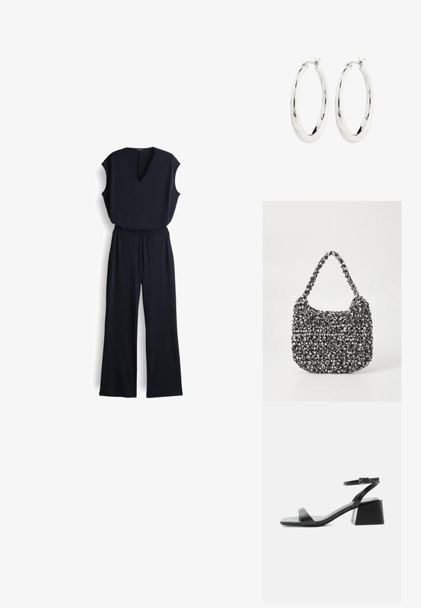 Schwarzer Jumpsuit mit V-Ausschnitt, ärmellosem Design, weit geschnittenen Hosenbeinen und elastischem Bund. Hergestellt aus glattem, leichtem Stoff.; Schwarze Leder-Sandale mit offenem Zehenbereich, Blockabsatz, schmalem Knöchelriemen und Schnallenverschluss, seitlich auf weißem Hintergrund gezeigt.; Gewebte Handtasche in Schwarz und Weiß mit runder Form, strukturiertem Oberflächenfinish und geflochtener Grifffläche. Geeignet für den lässigen Gebrauch.; Silberne Creolen mit einer glatten, glänzenden Oberfläche. Kreisform, ausgestattet mit einem sicheren Verschluss. Einfaches und elegantes Design.
