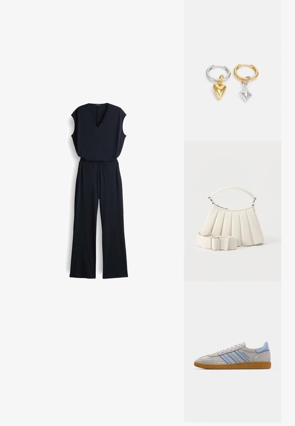 Schwarzer Jumpsuit mit V-Ausschnitt, ärmellosem Design, weit geschnittenen Hosenbeinen und elastischem Bund. Hergestellt aus glattem, leichtem Stoff.; Grau Wildleder Sneaker mit hellblauen Streifen, gummiertem Sohlenmaterial und Logo-Akzenten. Niedriges Design mit runder Zehenform und Schnürverschluss.; Weiße gefaltetete Handtasche mit kurzem Griff und einem breiten abnehmbaren Schulterriemen mit silberner Schnalle.; Avgvst HEARTS AND DIAMONDS MISMATCHED HOOPS - Ohrringe - silver-coloured/gold-coloured