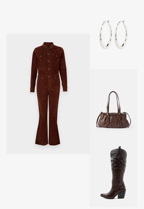 Brauner Corduroy-Overall mit Kragen, langen Ärmeln, lässigen Beinen, Brusttaschen und metallischen Knopfakzenten. Glatte Textur und taillierter Schnitt.; Hoher dunkelbrauner Leder-Cowboystiefel mit gestickten dekorativen Mustern, spitzer Spitze und gestapeltem Blockabsatz.; Braune Lederhandtasche mit zwei langen Griffen, gerafftem Design, goldfarbene Hardware-Details und einer strukturierten Oberfläche.; Silberne Creolen mit einer glatten, glänzenden Oberfläche. Kreisform, ausgestattet mit einem sicheren Verschluss. Einfaches und elegantes Design.