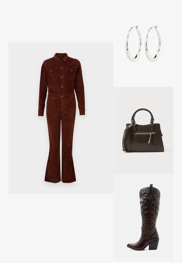 Brun fløjl jumpsuit med krave, lange ærmer, flagrende ben, brystlommer og metalknapdetaljer. Glat tekstur og tætsiddende design.; Høj mørkebrun læder cowboystøvle med syede dekorative mønstre, spids tå og stablet blokhæle.; Brun læderhåndtaske med top-håndtag, lynlåslomme foran og vævede detaljer på siderne. Glat tekstur og struktureret form.; Sølvøreringe i form af hoops med en glat, blank finish. Cirkulær form, der har en sikker lås. Simpelt og elegant design.